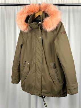 Esprit Olive Parka Jacket Peach Faux Fur Hood Utility Winter Coat